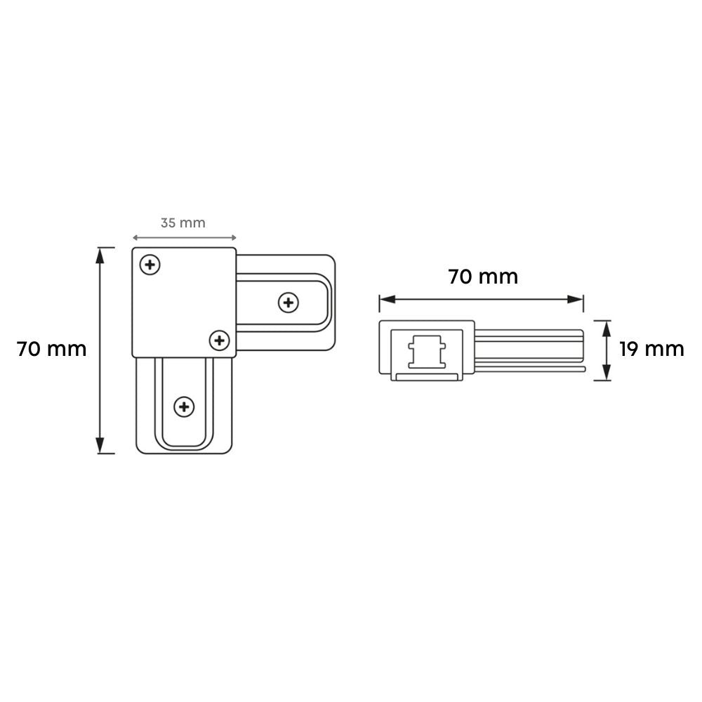 Technische tekening L-koppelstuk: 70×19×70 mm, 35 mm segment, montagepunten