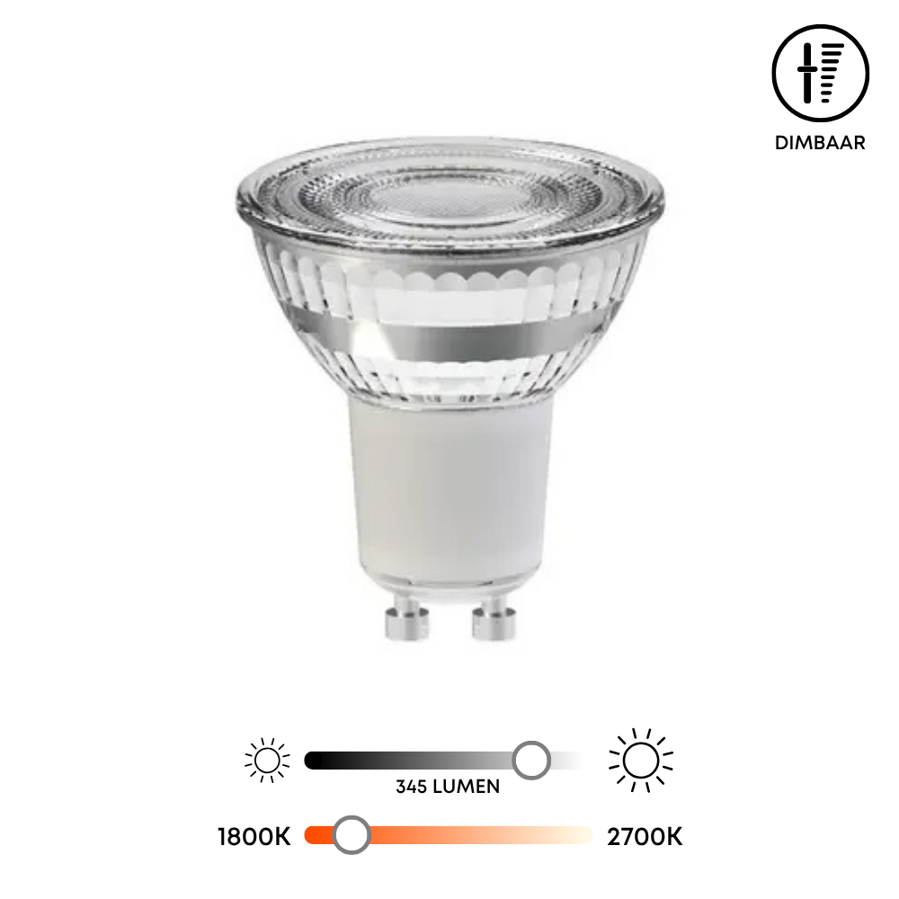 Dim-to-warm GU10 LED-lichtbron met doorzichtige reflector en twee contactpinnen
