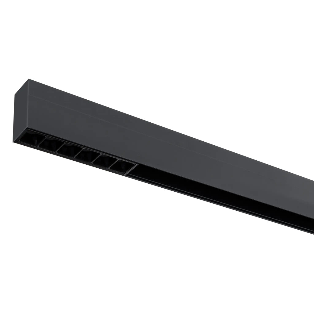 Zwart lineair railarmatuur met 6 LED-openingen in lange behuizing