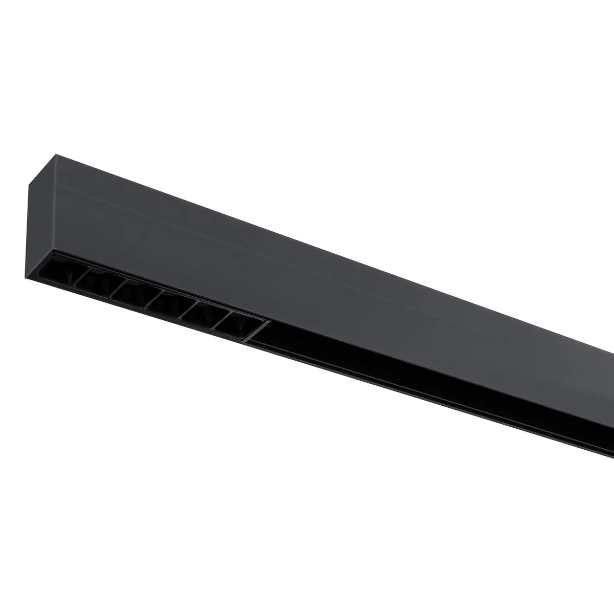 Zwart lineair railarmatuur met 6 LED-openingen in lange behuizing