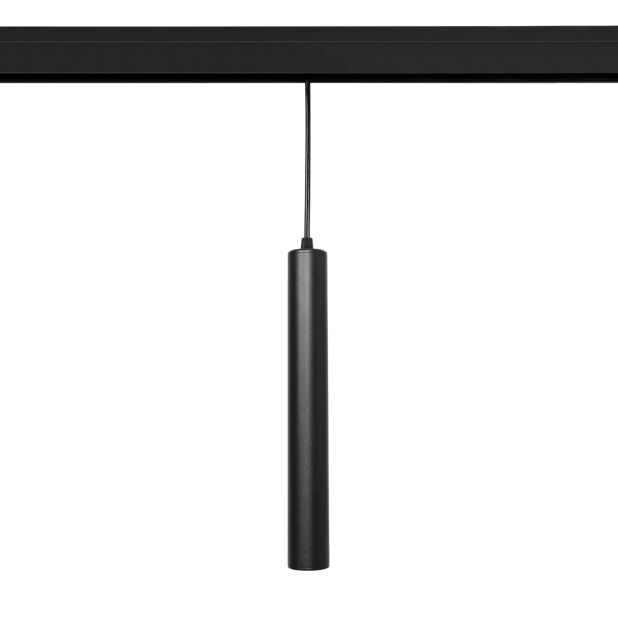 Zwarte hangende cilinderlamp aan het ophangsnoer van de rail