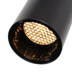 Zwarte railspot met ronde lens en honingraatreflector met warm licht