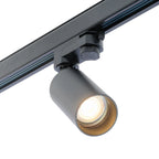 Zwarte 3-fase railspot met ronde LED-kop en verstelbare houder