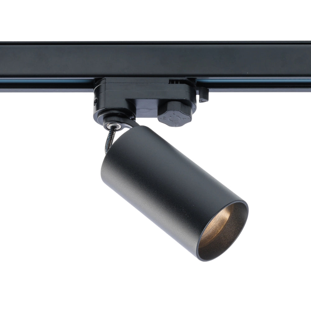 Zwarte 3-fase railspot met cilindrische LED-kop aan zwarte rail