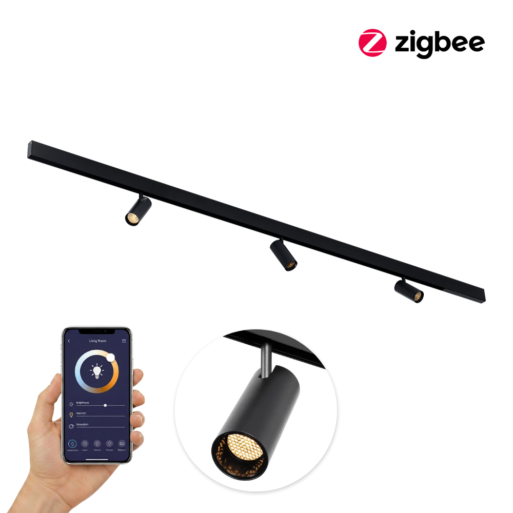 Zwarte lineaire rail met drie railspots en smartphone-app voor bediening.