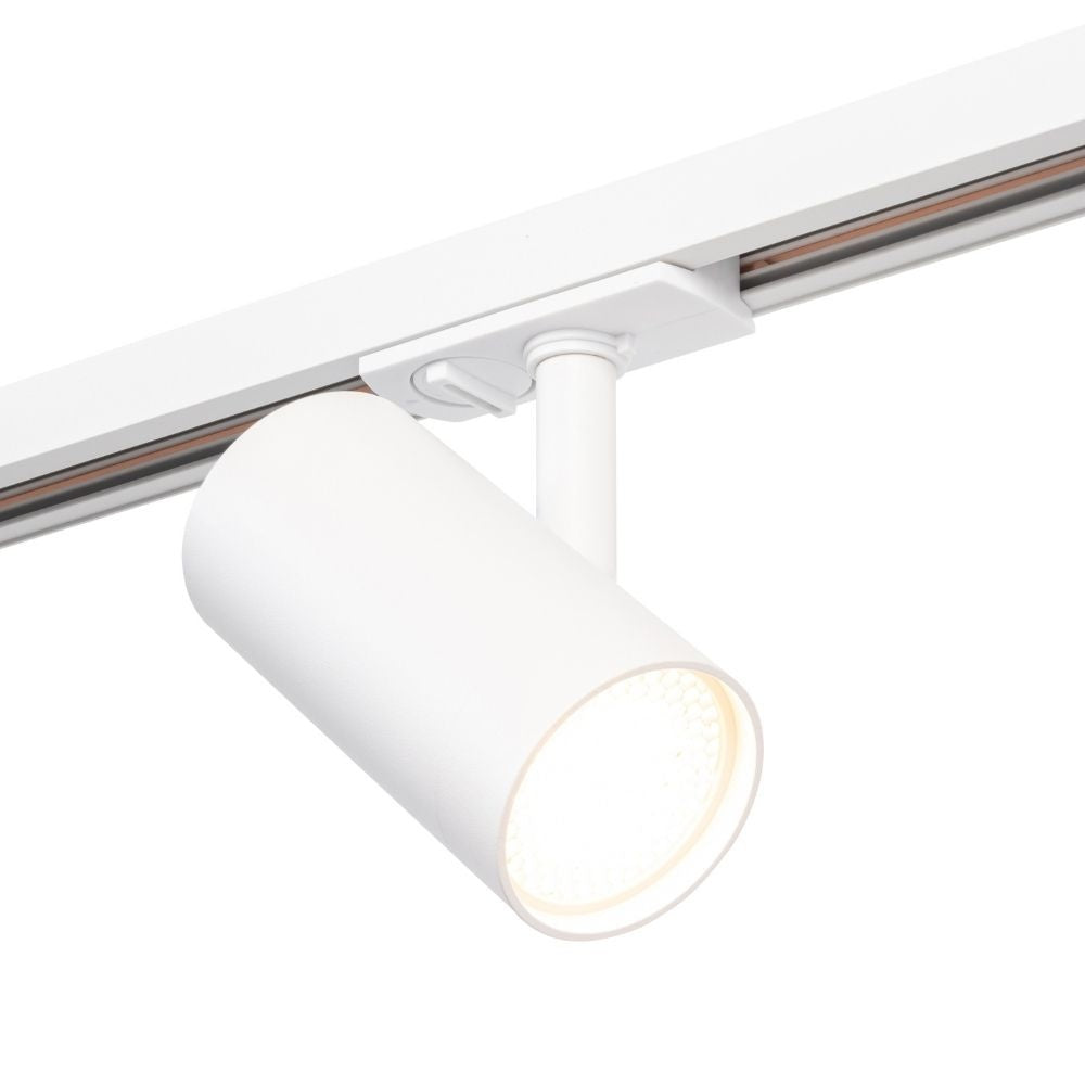 Witte Mesh spot met draaibare kop gemonteerd op rail, detail van bevestiging