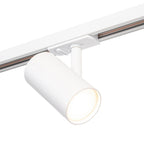 Witte draaibare spot op rail, met ronde opening en warme lichtbron