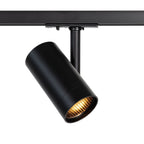 Zwarte rails pot met zichtbaar warm licht in de lens en cilindrische behuizing
