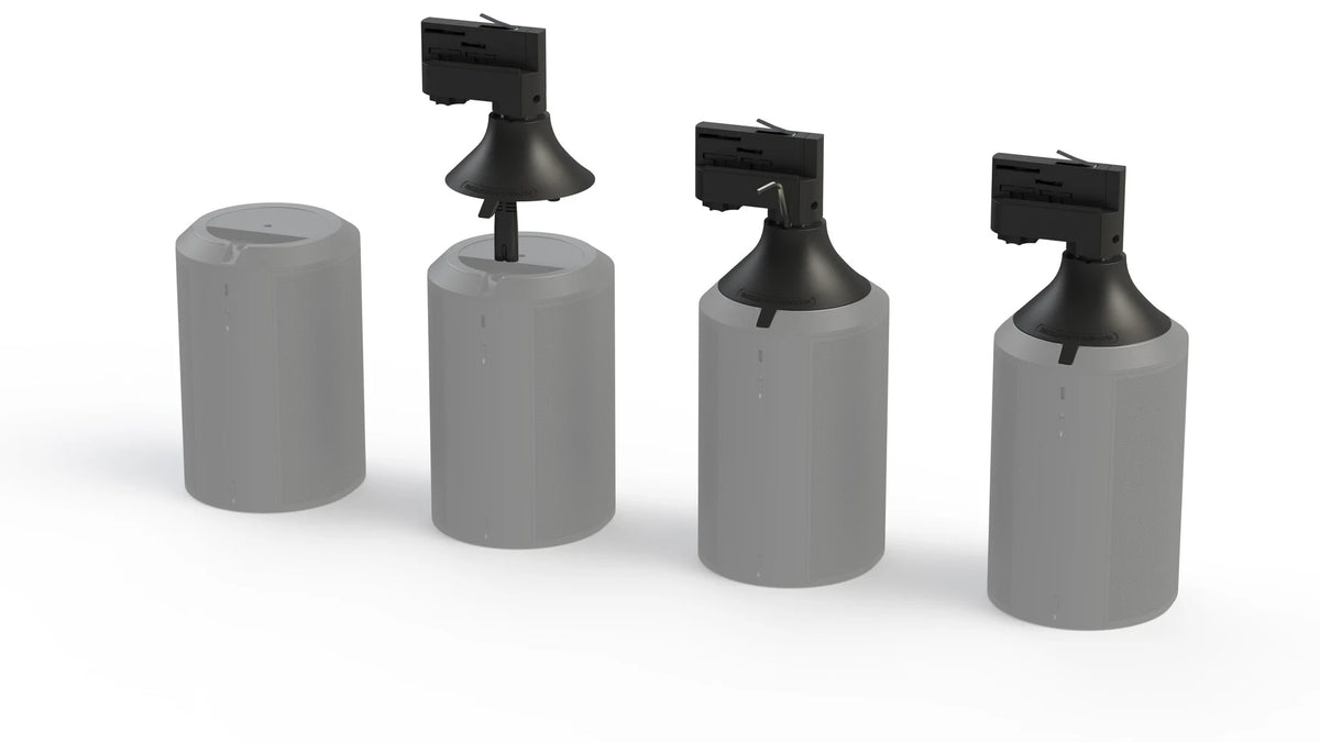 3-fase audio-adapters met zwarte kappen op grijze cilinders (meerdere varianten)