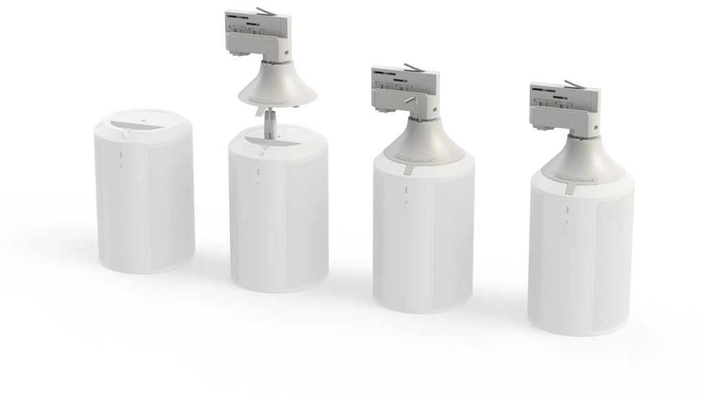 Set witte 3-fase audio-adapters met cilinderbehuizing en aansluitkoppen, vier stuks