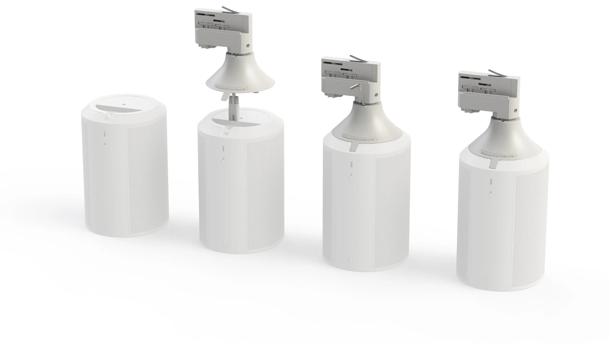 Set witte 3-fase audio-adapters met cilinderbehuizing en aansluitkoppen, vier stuks