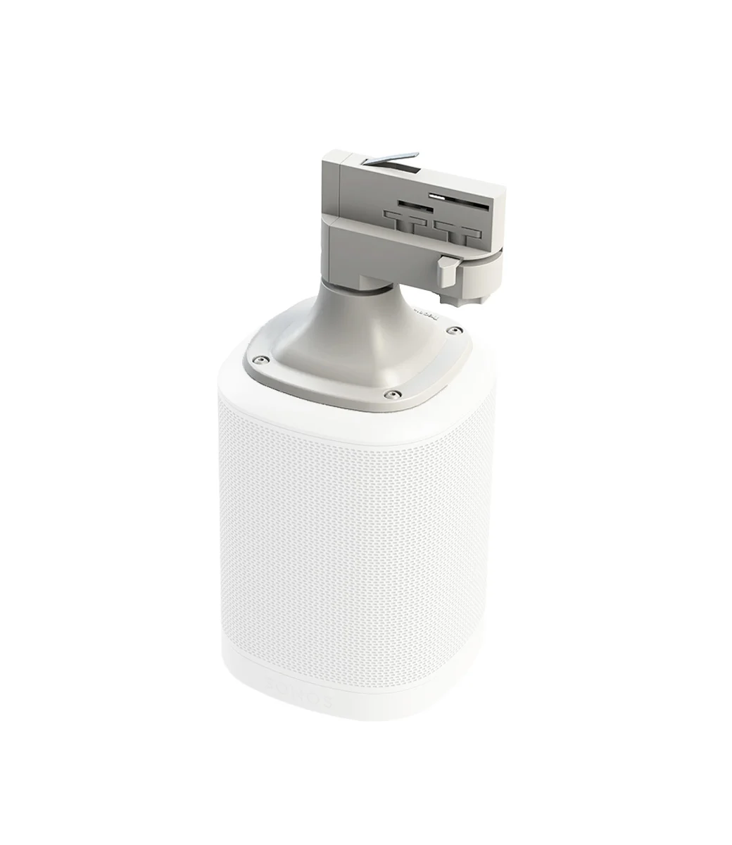 3-fase audio-adapter in wit, met grijze connector op ronde zuil