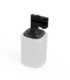 Cilindrische audio-adapter met zwarte bovenkant en connector, op witte voet