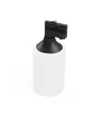 Zwarte 3-fase audio-adapter met zwarte kap op witte cilinder