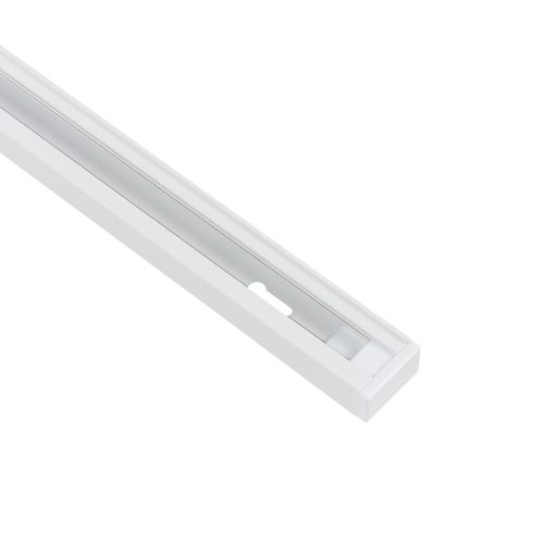 Witte opbouw spanningsrail, detail met montagevoet en sleuven langs de rail.