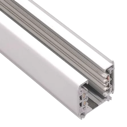 Witte opbouw 3-fase spanningsrail met railprofiel en aansluitpunten