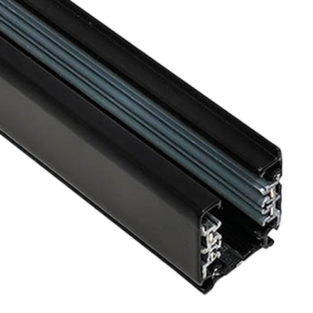 Zwarte 3-fase spanningsrail opbouw met railprofiel en metalen contactopeningen