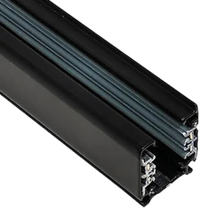 Zwarte opbouw spanningsrail met aansluitrail en metalen contactstrip langs de zijkant