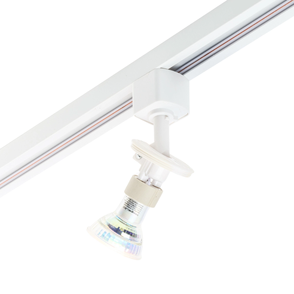Witte railspot met opengewerkte behuizing en GU10-lamp