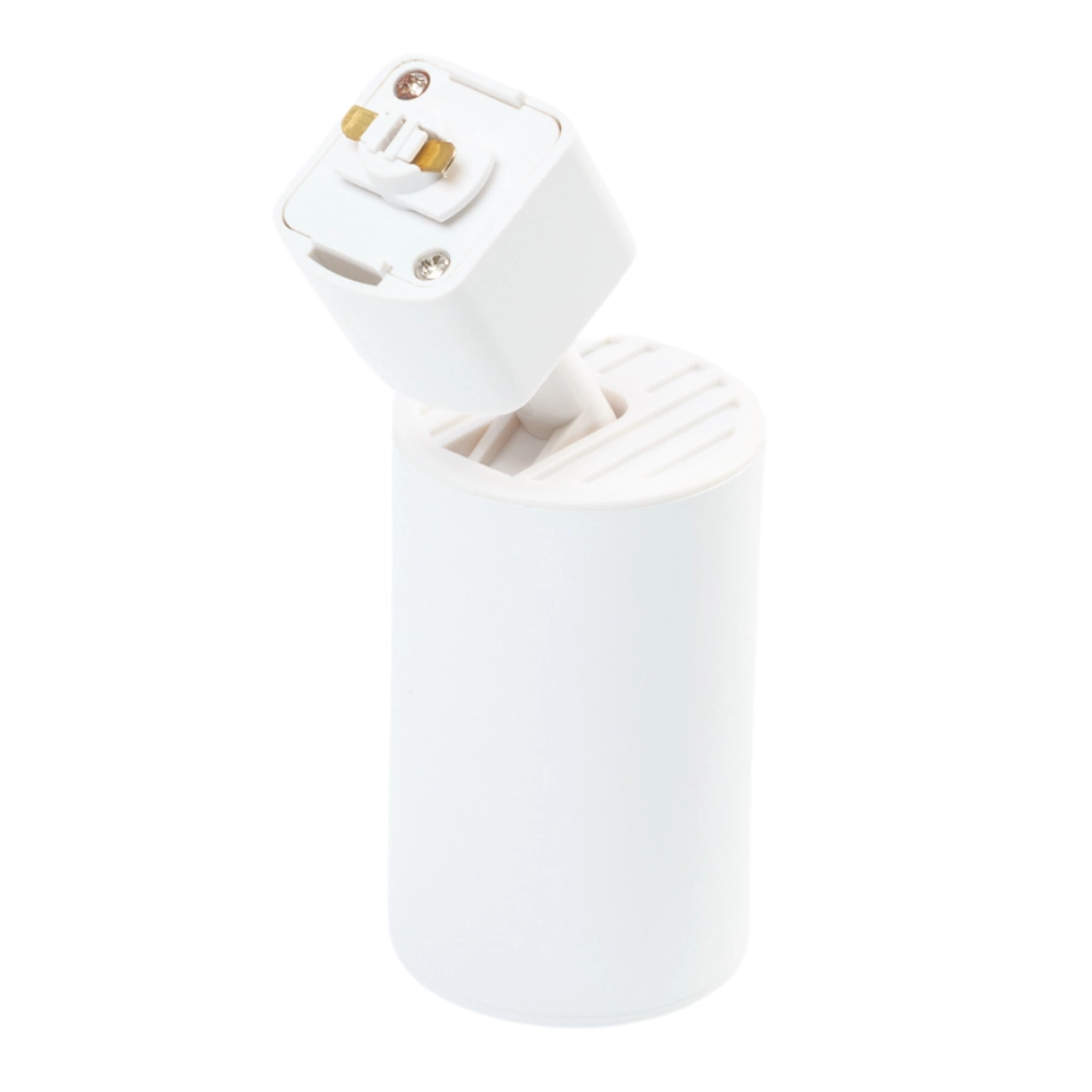 Witte railspot op rail met zichtbare aansluitmodule en GU10-fitting