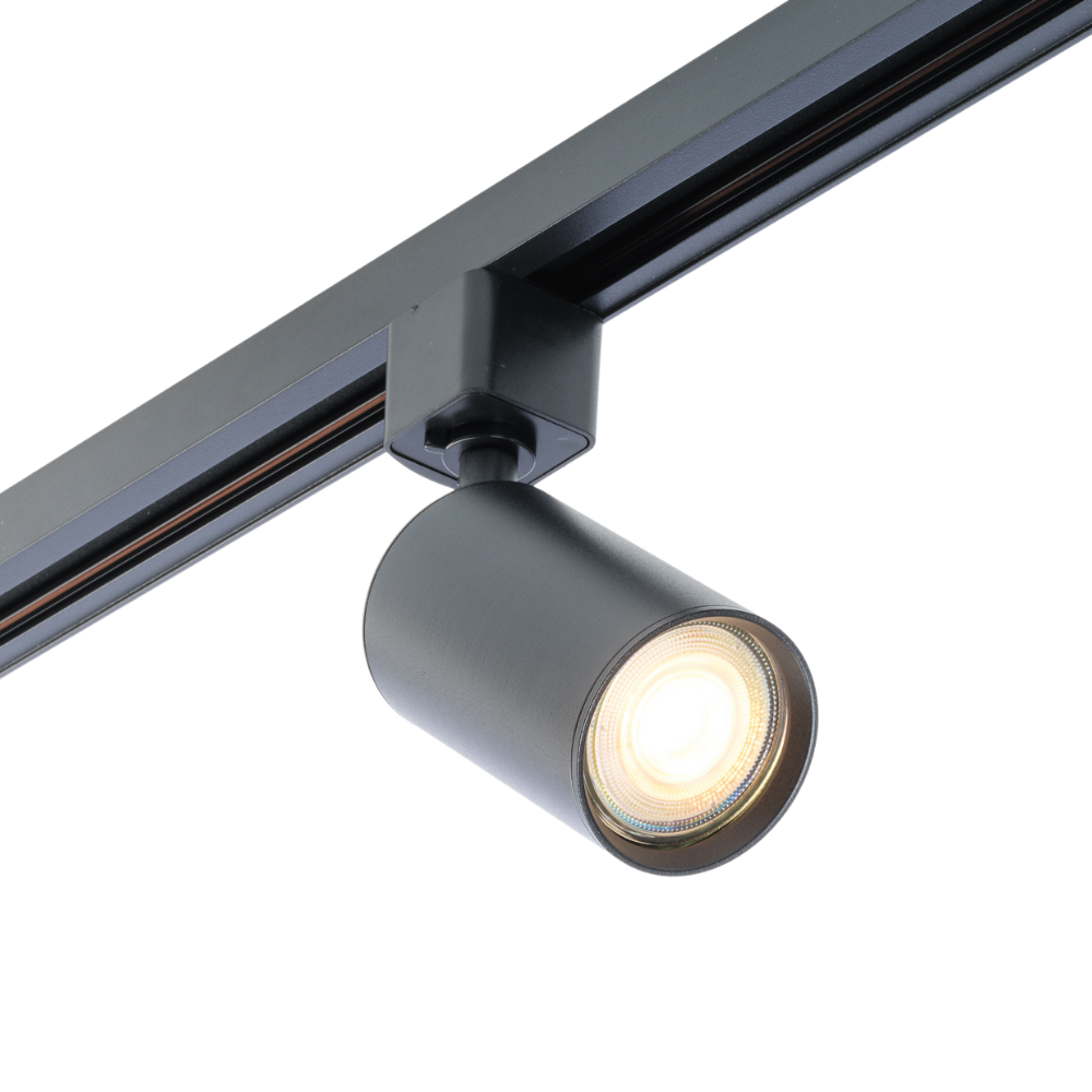 Zwarte railspot met ronde GU10 behuizing en warm brandend licht