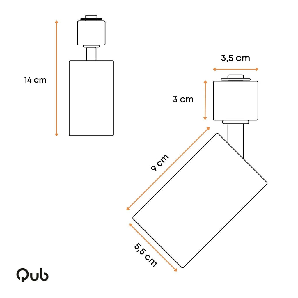 Afmetingsdiagram van zwarte GU10 railspot: 14 cm hoogte en 9,5 cm lengte