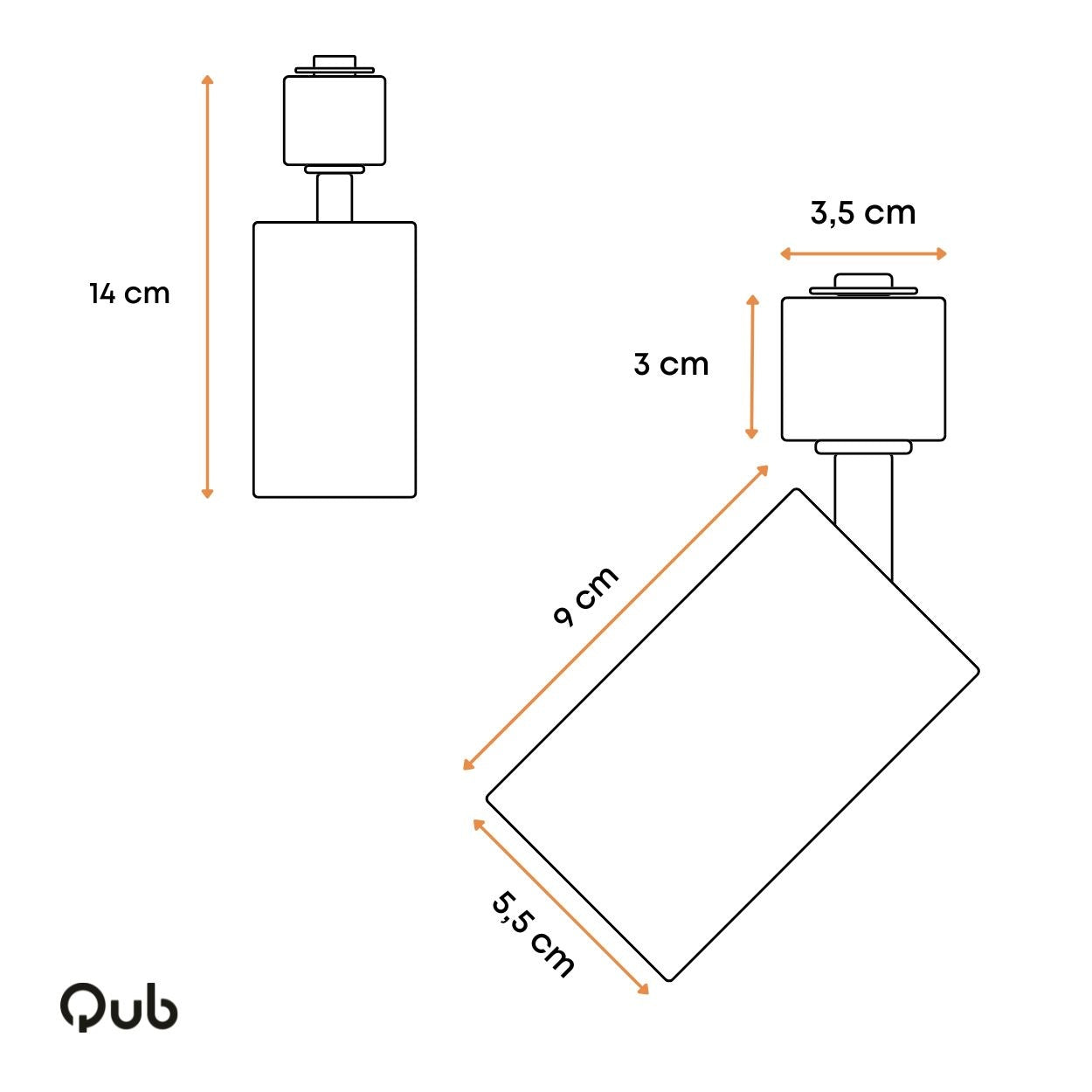 Afmetingsdiagram van zwarte GU10 railspot: 14 cm hoogte en 9,5 cm lengte