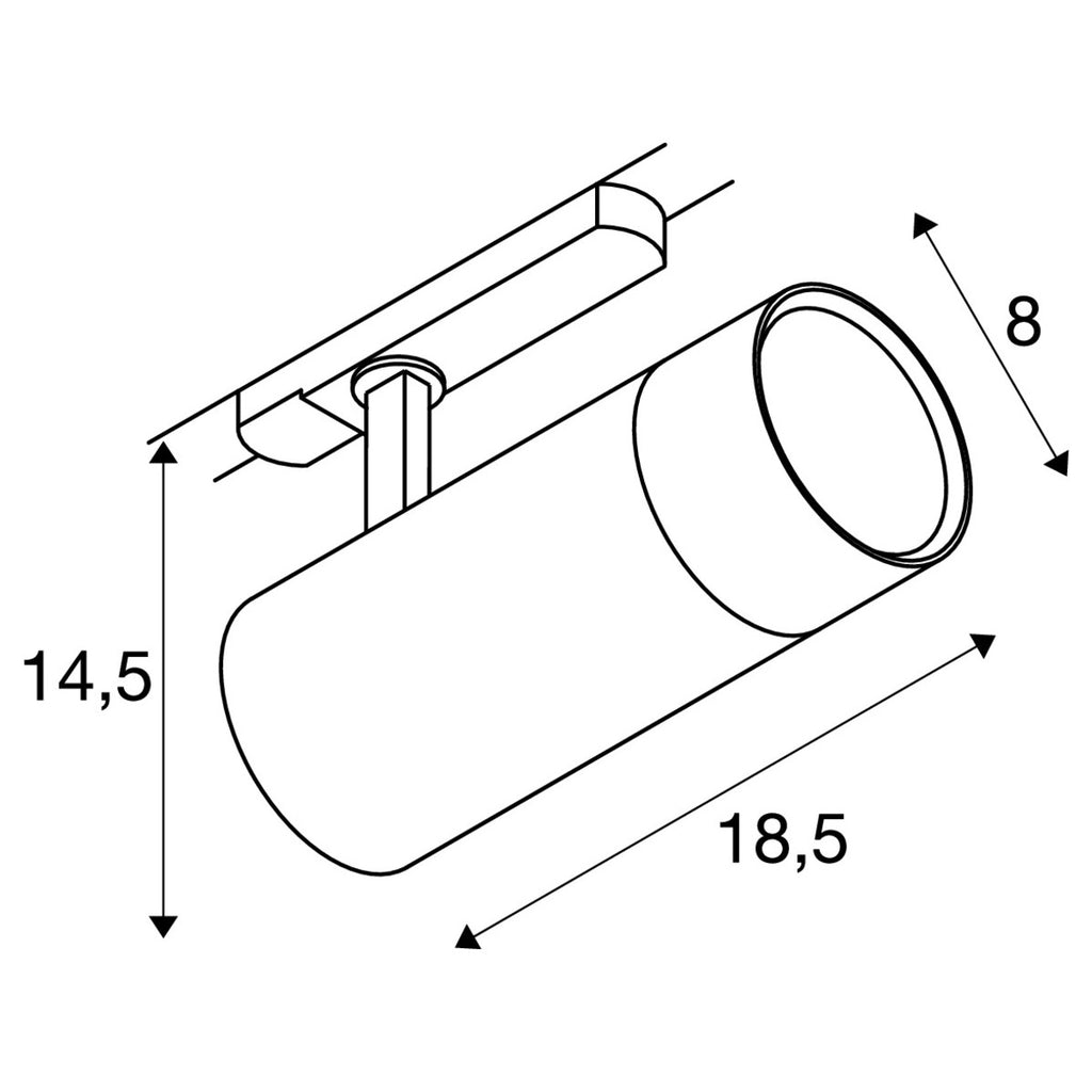 Witte LED-railspot, technische tekening met afmetingen 14,5 en 18,5 cm