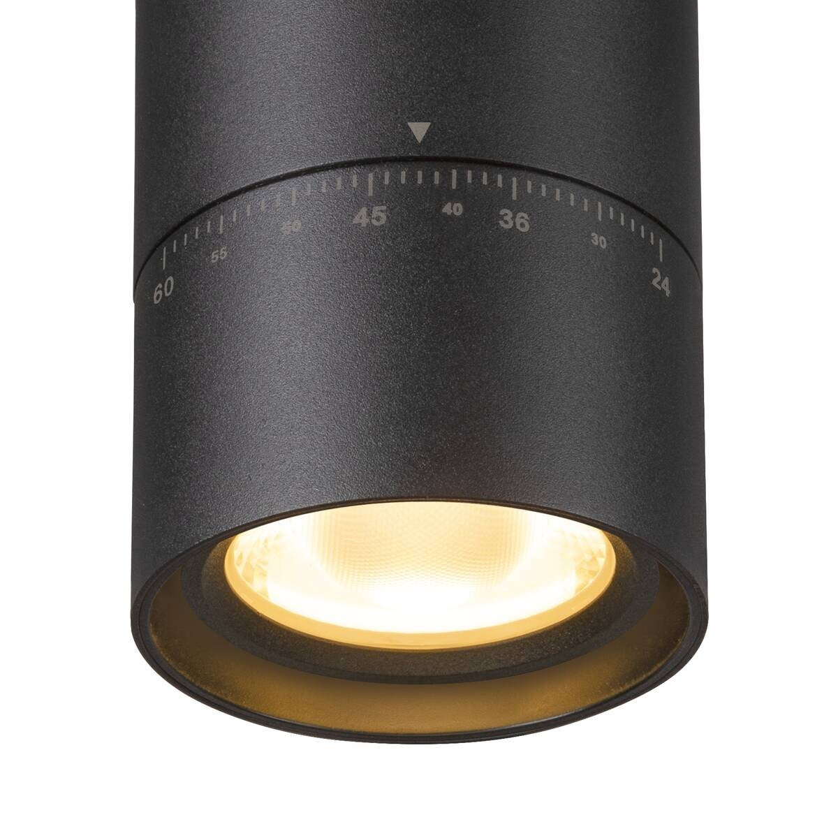 Zwarte railspot met warmwitte LED-lamp en instelring met schaalverdeling
