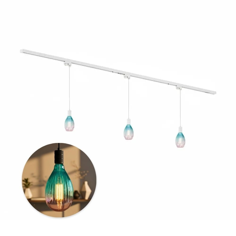 Railverlichting set met drie hanglampen: turquoise glazen bollen aan witte rail