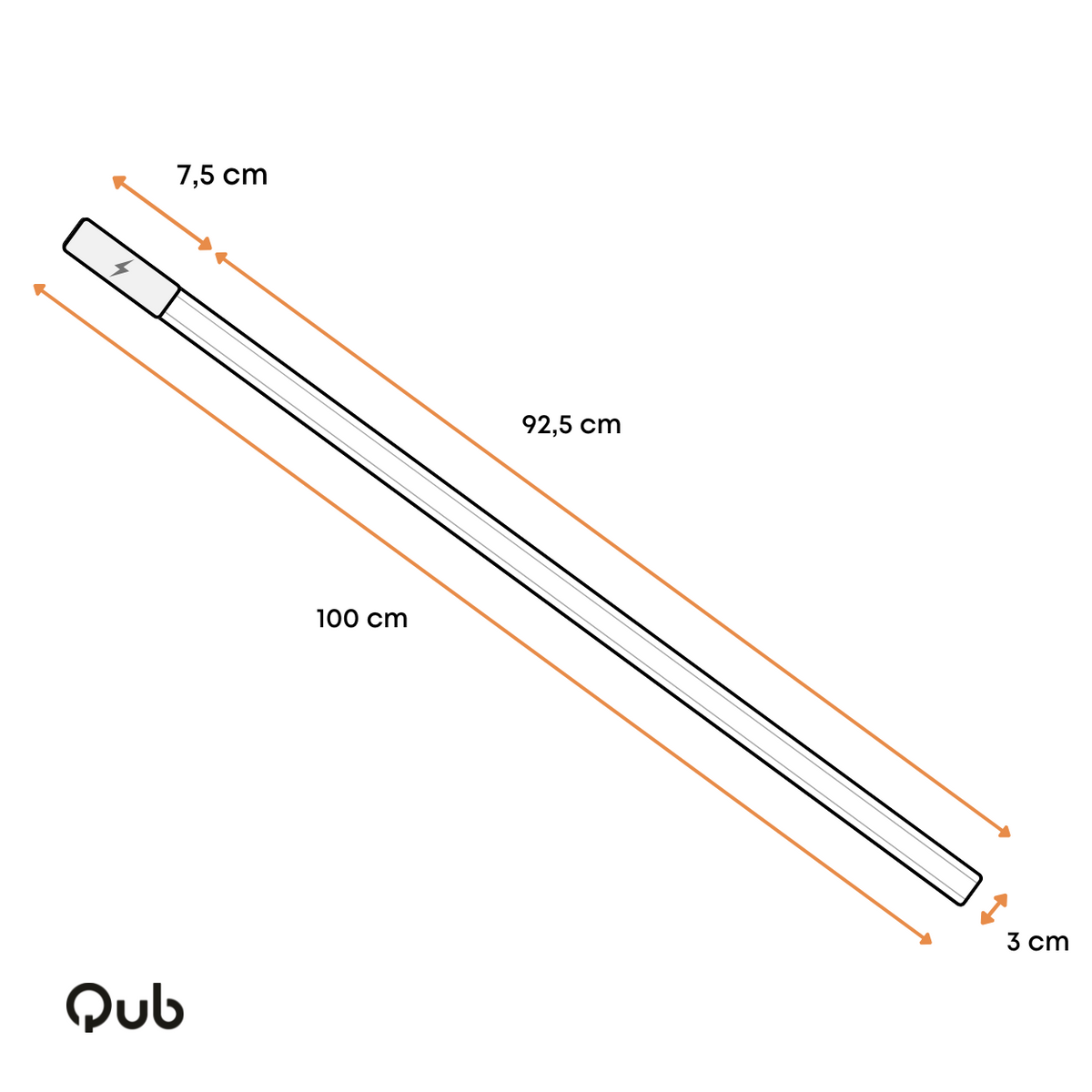 Afmetingen witte 1-fase opbouw spanningsrail: 100 cm lengte, 7,5×3 cm.