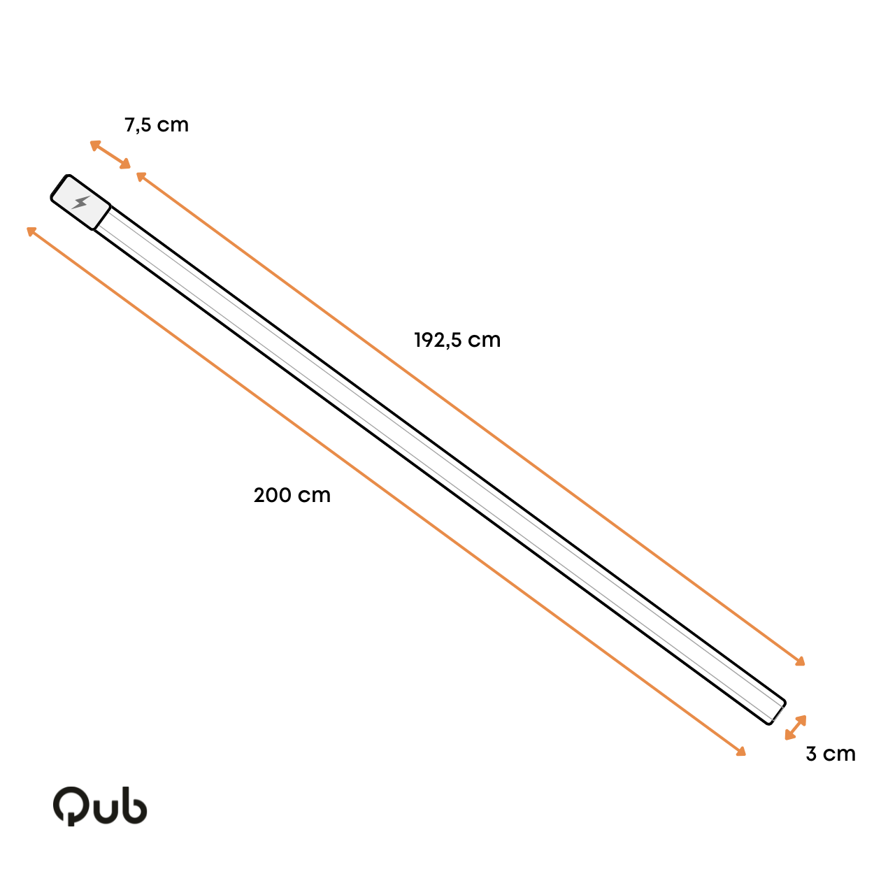 Zwarte opbouwspanningsrail met afmetingen: 200 cm lang, 7,5 cm breed, 3 cm hoog.