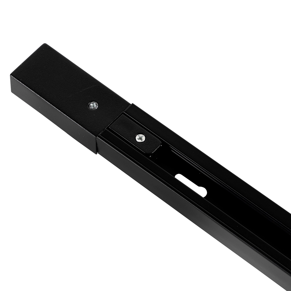 Zwarte spanningsrail-eindstuk met montageclip en open contactgleuf