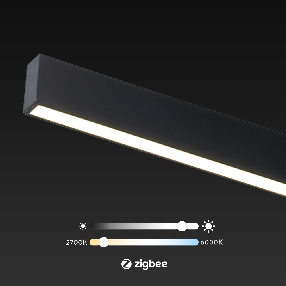 Zwarte Zigbee railverlichting met LED-lijn en kleurtemperatuur 2700K–6000K.