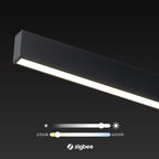 Zwarte Zigbee LED-raillamp met warmwitte lichtbalk en wittemperatuur-indicator