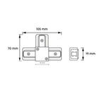 Technische tekening van wit T-railconnector met afmetingen 105×70×19 mm
