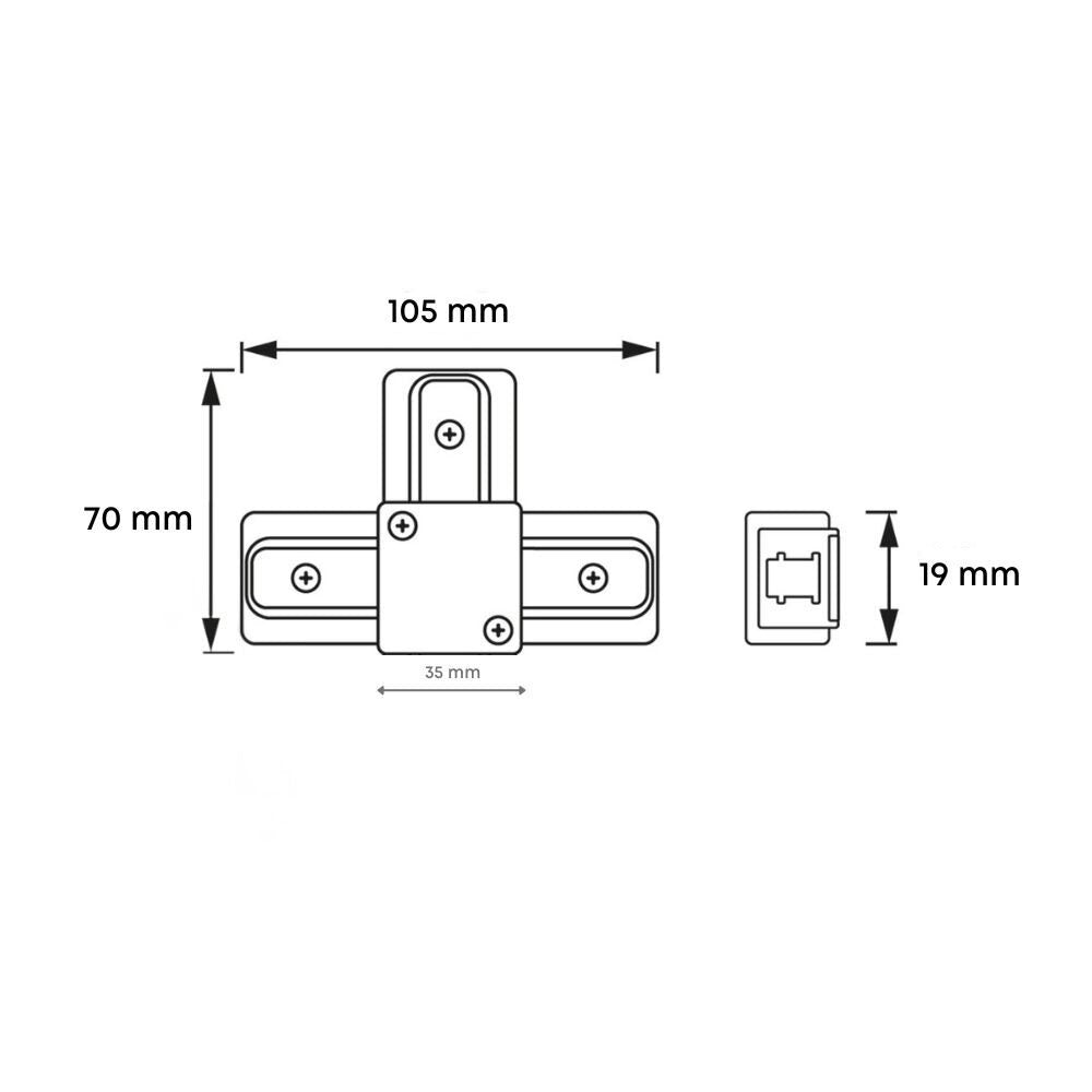 Technische tekening van wit T-railconnector met afmetingen 105×70×19 mm