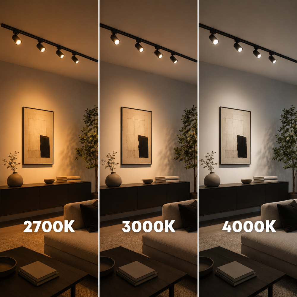 LED-spotlampen in rail met lichtkleur 2700K, 3000K en 4000K