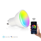 Witte GU10 LED-lamp met kleurrijke ring en bediening via smartphone