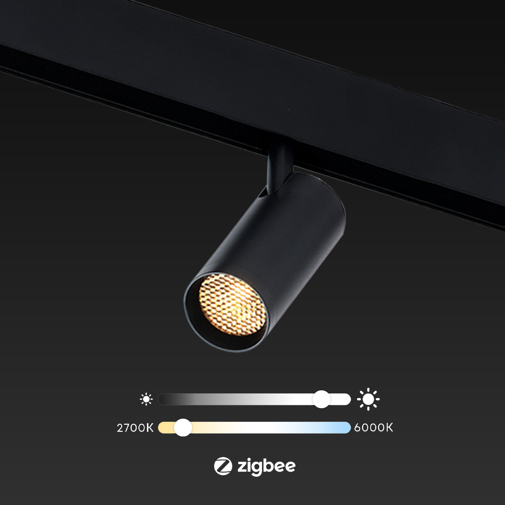 Zwarte railspot op rail met verstelbaar witlicht voor Zigbee slimme verlichting