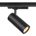 Zwarte railspot met cilindervormige behuizing en warmwit LED-lichtkop